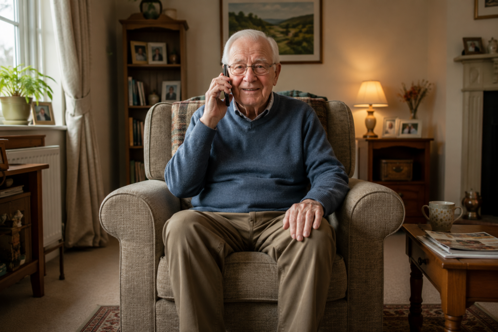 Safety check-in service showing a person using a mobile phone outdoors, representing lone worker safety, elderly welfare monitoring, personal safety monitoring and traveller wellbeing check-ins.