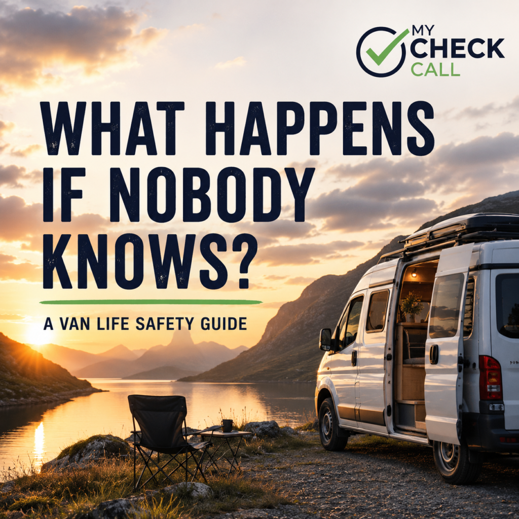 Van life safety guide showing a campervan in a remote location at sunset, highlighting safety check-ins, full-time van life, off-grid travel and peace of mind for travellers.